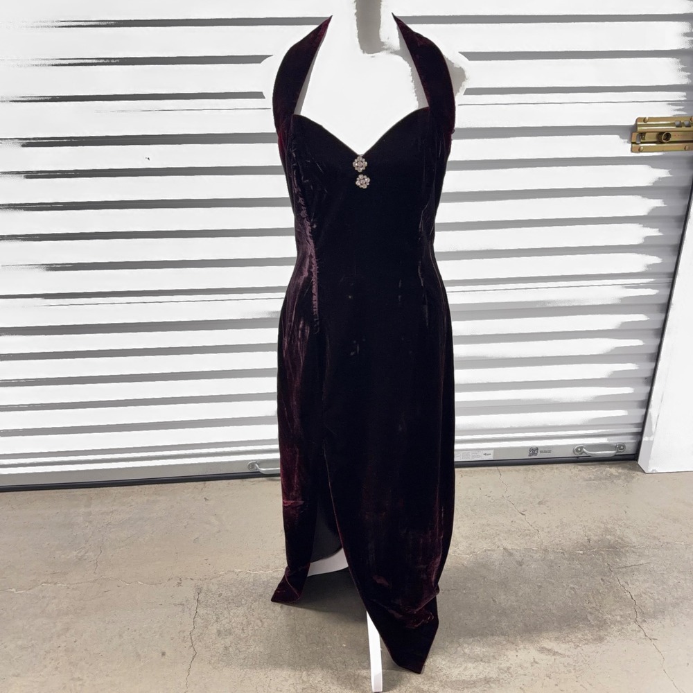 Jessica McClintock Gunne Sax Velvet Dress Womens 9/10 Burgundy Halter Vintage